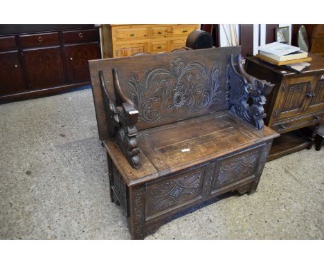 LATE 19TH CENTURY GOTHIC CARVED OAK MONKS BENCH WITH STORAGE BASE, 103CM WIDE