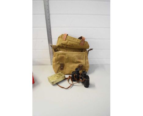 MIXED LOT COMPRISING A QUEEN MARY'S CHRISTMAS TIN 1914, PAIR OF VINTAGE WRAY OF LONDON BINOCULARS AND A SMALL MILITARY CANVAS