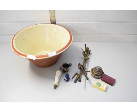 STONEWARE DAIRY BOWL CONTAINING MIXED ITEMS TO INCLUDE BRASS WEIGHTS, VINTAGE ACETYLENE AND OXYGEN LINE, VINTAGE CERAMIC TOIL