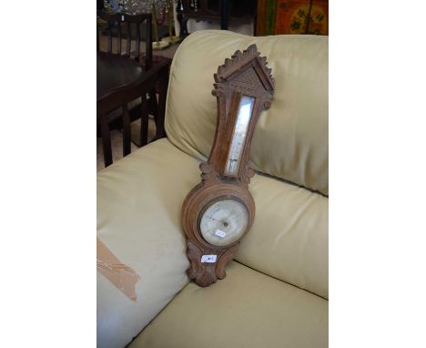 LATE VICTORIAN SMALL ANEROID BAROMTER AND THERMOMETER IN CARVED CASE, 58CM HIGH