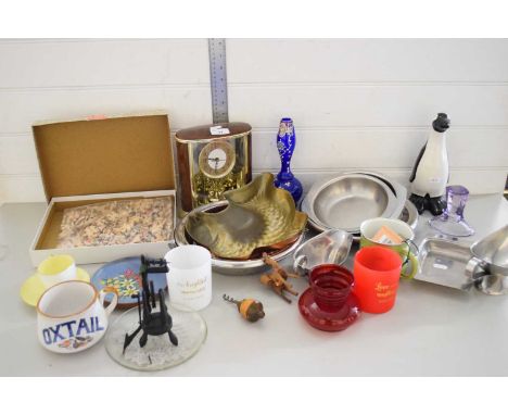 MIXED LOT OF STEEL KITCHEN WARES, MANTEL CLOCK, CERAMICS, BLUE GLASS VASE AND OTHER ITEMS