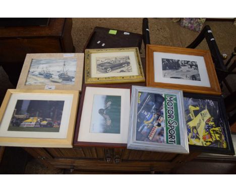 MIXED LOT VARIOUS ASSORTED FRAMED PRINTS TO INCLUDE VINTAGE MOTOR RACING AND MOTORCAR INTEREST AND OTHERS