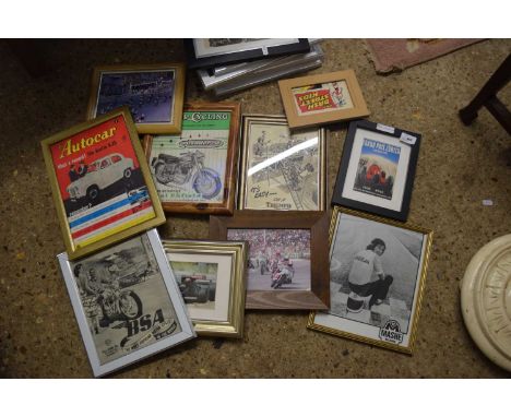 MIXED LOT OF PRINTS AND PHOTOGRAPHS TO INCLUDE AUTOMOBILE ADVERTISING AND VARIOUS PHOTOGRAPHS OF MOTOR RACING AND MOTORCYCLE 