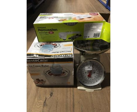 A SILVERCREST ICE CREAM MAKER A COMPACT PERCUSSION MASSAGER AND KITCHEN SCALES