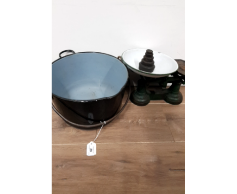 A JAM PAN WITH VINTAGE SCALES AND WEIGHTS