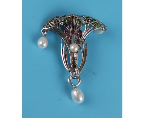 Silver enamel stone set brooch