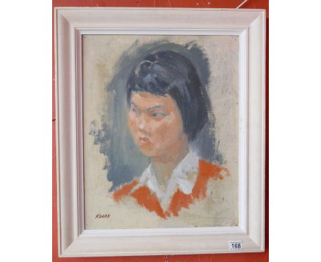 Oil on canvas - Portrait of Japanese signed Keene with landscape scene verso - Approx image size: 44cm x 55cm