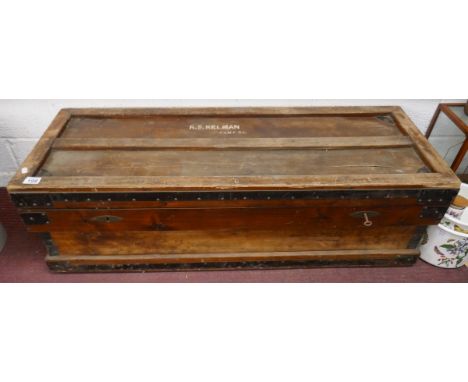Wooden &amp; metal bound military trunk with key - Approx size: W: 116.5cm D: 42.5cm H: 36.5cm