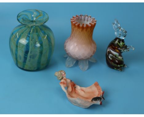 Mdina vase, Mdina rabbit, 1920 pin tray and an early 20th century glass vase