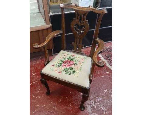 Oak framed elbow chair on cabriole legs with tapestry seat