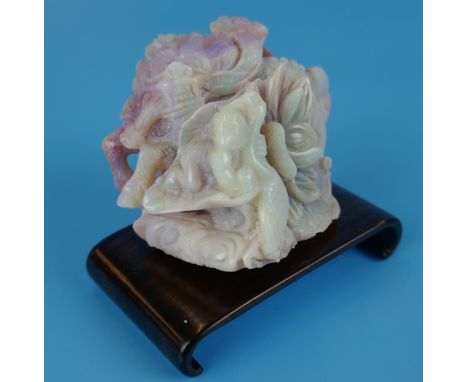 Natural opal carved figure - Depicting dog of Fu &amp; Buddha - Approx 126g not including stand - Approx H: 4.5cm