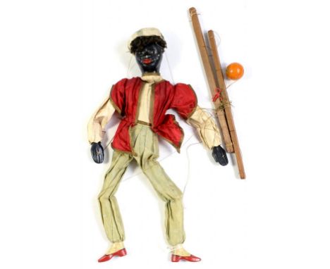 A LATE 19TH CENTURY BLACKAMOOR PUPPET, WITH COMPOSITION HEAD AND LIMBS, 47CM 