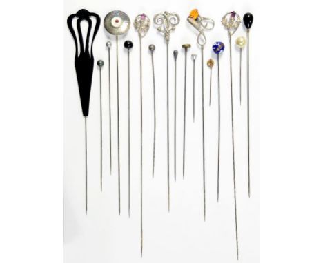 A SMALL COLLECTION OF VINTAGE SILVER MOUNTED AND OTHER HATPINS, SEVERAL BY CHARLES HORNER, EARLY 20TH C