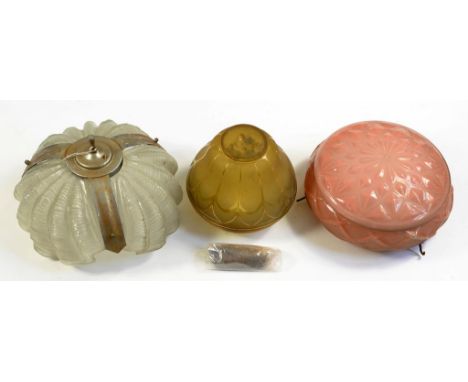 A FROSTED GLASS TRIPLE SHELL SHAPED HANGING LIGHT WITH CHROMIUM PLATED MOUNT AND TWO OTHER GLASS HANGING LAMPSHADES, MID 20TH