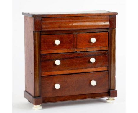 A 19TH CENTURY MINIATURE (APPRENTICE PIECE) CHEST OF DRAWERS WITH CERAMIC BUN HANDLES, 25CM W X 26.2CM H 