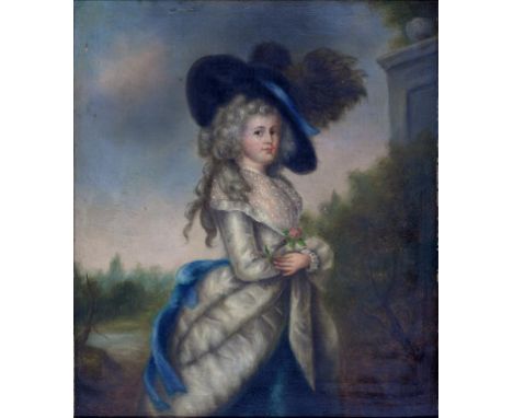 20TH CENTURY SCHOOL - PORTRAIT OF A LADY IN 'GAINSBOROUGH' HAT, OIL ON BOARD, 30CM X26CM
