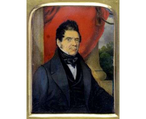 ENGLISH SCHOOL 19TH CENTURY, PORTRAIT MINIATURE OF A GENTLEMAN, HALF LENGTH IN A BLACK COAT BEFORE RED DRAPERY, IVORY, ARCHED