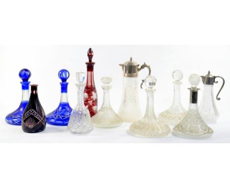 A RUBY FLASHED AND WHEEL ENGRAVED GLASS DECANTER AND STOPPER DECORATED WITH VINES, 41CM  H, LATE 19TH C, A PAIR OF BLUE FLASH