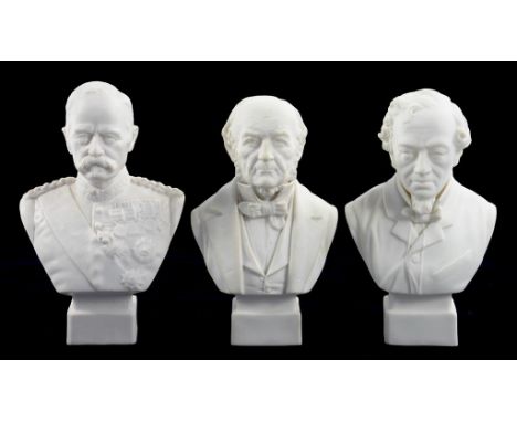 THREE ROBINSON & LEADBEATER PARIAN WARE PORTRAIT BUSTS OF DISRAELI, GLADSTONE AND LORD ROBERTS, 19CM H AND CIRCA, IMPRESSED M