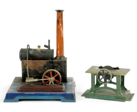 A BING SPIRIT FIRED TINPLATE STEAM PLANT OF BOILER AND HORIZONTAL ENGINE ON SQUARE BLUE BASE WITH CHIMNEY, 25CM H, EARLY 20TH