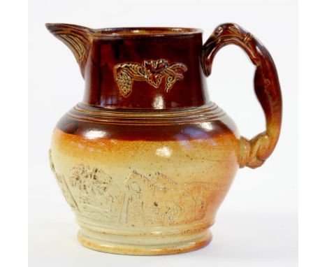 A SALTGLAZED BROWN STONEWARE HUNTING JUG WITH HOUND HANDLE, 22CM H, MID 19TH CENTURY