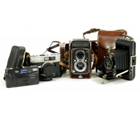 A YASHIKA-MAT TWIN LENS REFLEX CAMERA AND THREE OTHER VINTAGE FOLDING OR 35MM CAMERAS