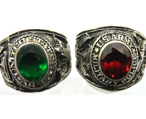 Two Vietnam era white metal class rings, Military Police and Army. P&amp;P Group 1 (£14+VAT for the first lot and £1+VAT for 