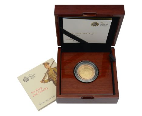 United Kingdom. Royal Mint Elizabeth II 2016 gold proof £2 coin The Armyin capsule with certificate numbered 114/750 and book
