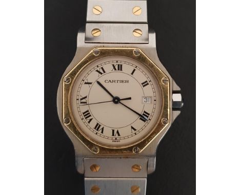 SANTOS DE CARTIER OCTAGON WRISTWATCHthe dial with Roman numerals and subsidiary seconds dial, the circular case with solid go