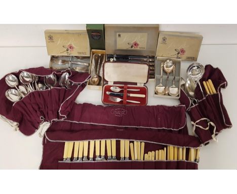 LARGE SELECTION OF SILVER PALTED FLATWAREincluding two oak canteens of fish knives and forks, various boxed knives, forks and
