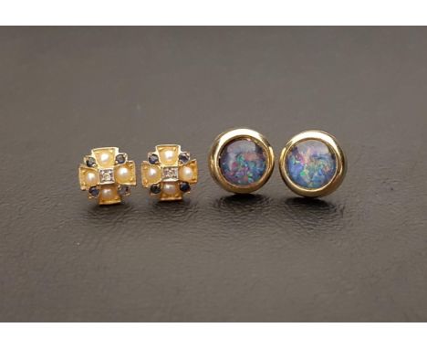 TWO PAIRS OF GEM SET EARRINGScomprising a pair of opal triplet studs in unmarked gold, the butterflies marked 375; and a pair