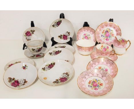 IMPERIAL BONE CHINA TEA SERVICEthe pink and white ground with floral decoration and gilt highlights, comprising six cups and 