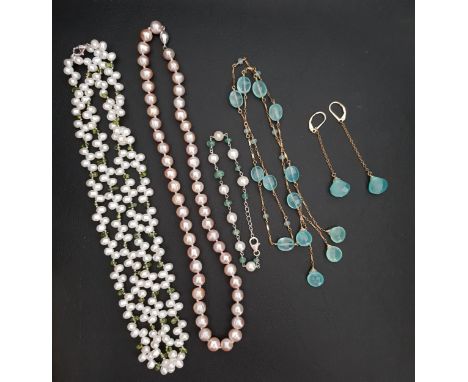 SELECTION OF PEARL AND GEM SET JEWELLERYcomprising a two strand pearl necklace, both strands interspersed with peridots and a