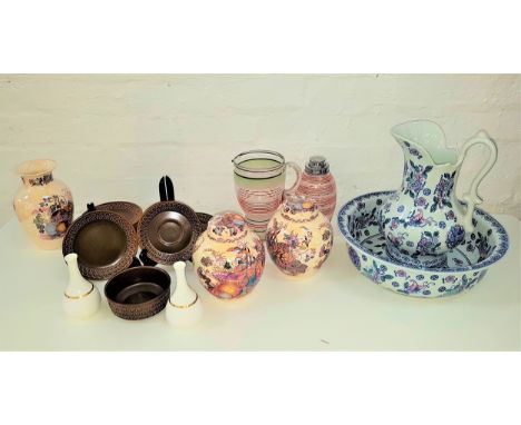 MIXED LOT OF CERAMICSincluding a large ewer and basin, pair of Mason's Ironstone lidded ginger jars and a matching vase, pair