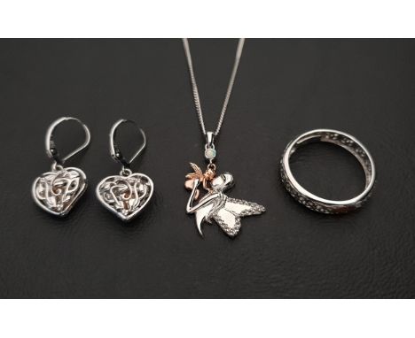 SELECTION OF CLOGAU SILVER JEWELLERYcomprising an opal set fairy pendant on chain, a pair of heart shaped fairy locket earrin