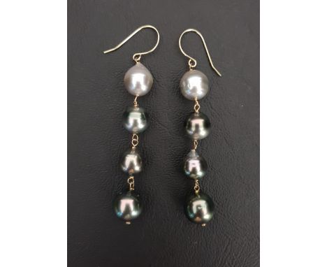 PAIR OF PEARL DROP EARRINGSthe four pearls on each of graduated colour with the darkest at the bottom, in fourteen carat gold