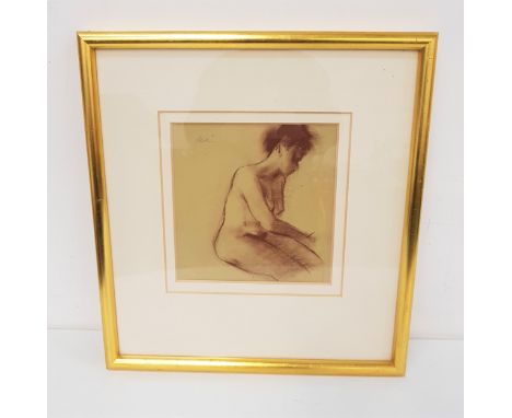 GEORGE DEVLIN R.S.W. (Scottish 1937-2014)Female study, seated, conte, signed and label to verso, 22cm x 21.5cm 