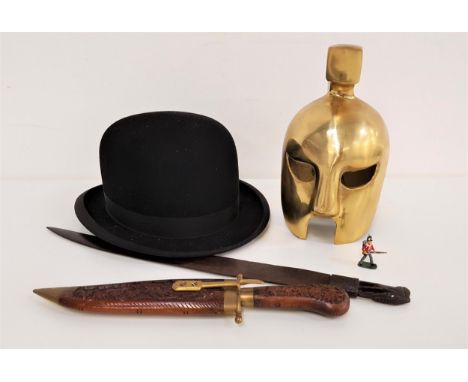 MIXED LOT OF COLLECTABLESincluding a gents bowler hat, size 6 7/8, brass quarter size gladiator style helmet, wooden letter o
