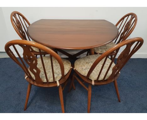 ERCOL ELM DINING TABLE AND CHAIRSthe table with shaped drop flaps and standing on plain supports united by a stretcher, 114cm