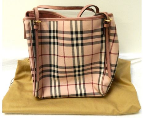 NEW AND UNUSED BURBERRY SMALL CANTER PINK HORSEFERRY CHECK TOTE BAGwith ash rose/dusty pink leather handles and trim, with fu