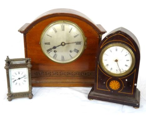 19th BRASS CARRIAGE CLOCKthe enamelled dial with Roman numerals below a swing handle, 13cm high; an Edwardian mahogany and in