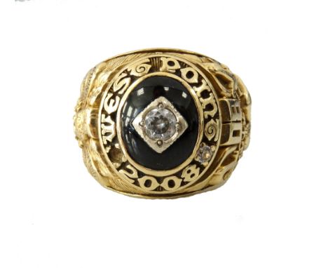 CZ SET TEN CARAT GOLD WEST POINT MILITARY ACADEMY CLASS RINGdated 2008, the CZ and black enamel centre flanked by profuse rel