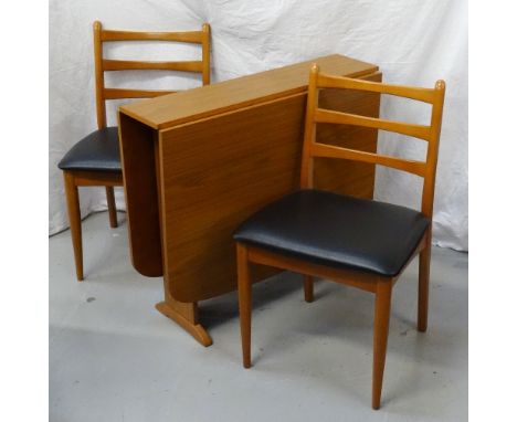 1970s SCHREIBER TEAK GATE LEG DINING TABLEwith shaped drop flaps, 142cm wide, together with four ladder back dining chairs wi
