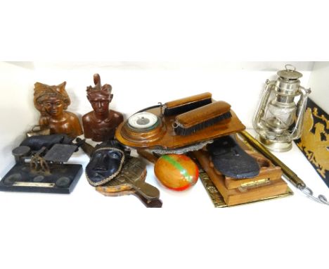 LOT OF VINTAGE COLLECTABLESincluding an oak wall mounting barometer/brush set, African, Indian and Indonesian wooden carvings