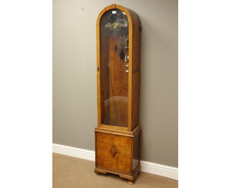 20th century electric clock, arched top with glazed door on bracket feet, with pendulum, lacking dial, H177cm   Condition Rep