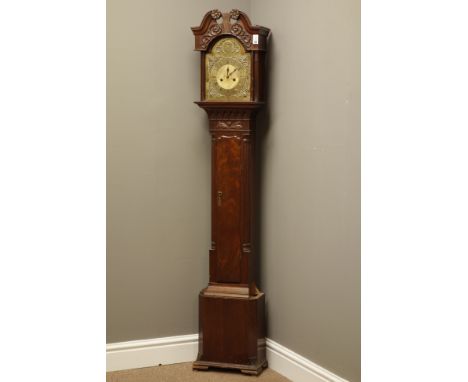 Georgian style grandfather clock of small proportions, mahogany case, canted corners with fluted quarter columns, carved moun