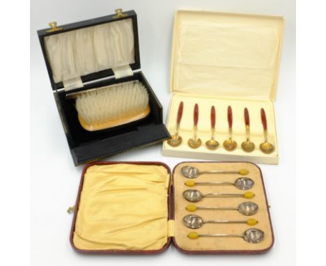 Set of six hallmarked silver coffee bean spoons, set of six silver-gilt and enamel coffee spoons by Slektsolv Oslo and a silv