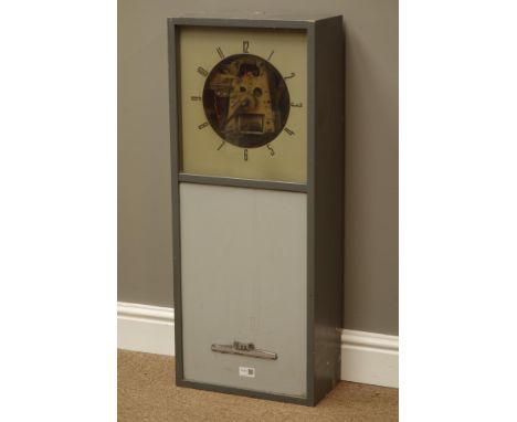 STR electric wall clock, square Arabic dial with visible brass movement in grey painted case, H86cm   Condition Report   Clic