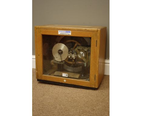 Gents' of Leicester Pul-Syn-Etic Impulse factory time clock with silvered Day & Time dials, in oak case with glazed door, W45