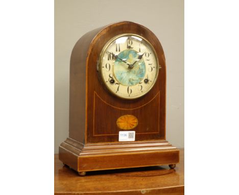 Edwardian inlaid mahogany dome top mantle clock, twin train movement striking the half hours on a coil, H33cm   Condition Rep